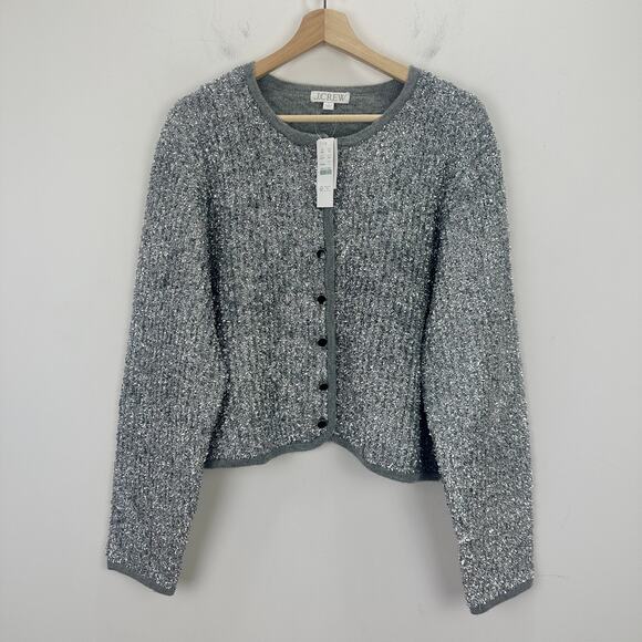 J.Crew Sweater Lady Jacket Silver Tinsel Yarn Metallic Party Gray Large NWT - Picture 5 of 12